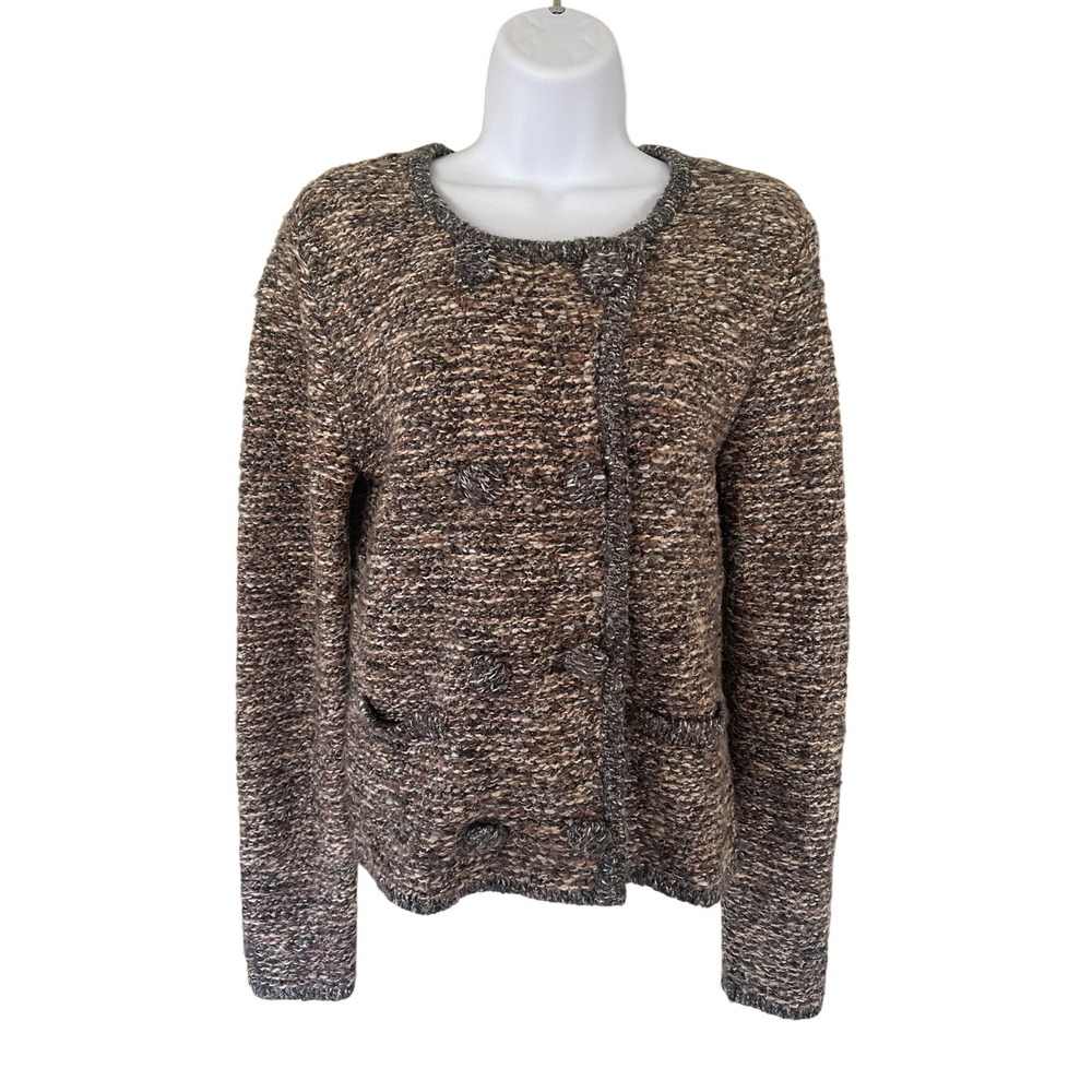 Cabi Tweed‎ Knit Cardigan Sweater Jacket Small Brown Grey Button Front Pockets